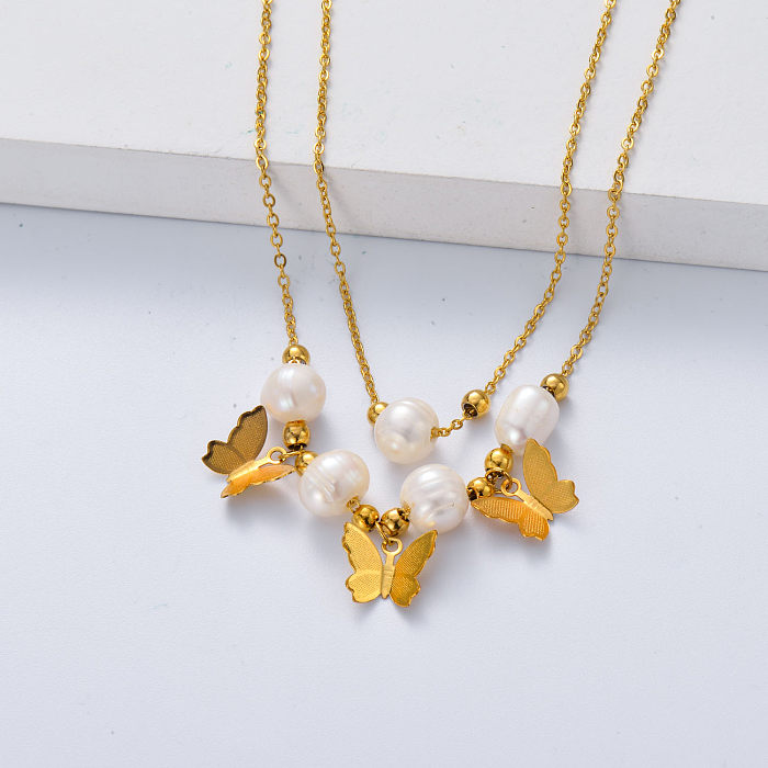 colar de aço inoxidável em forma de borboleta de ouro pérola para mulheres