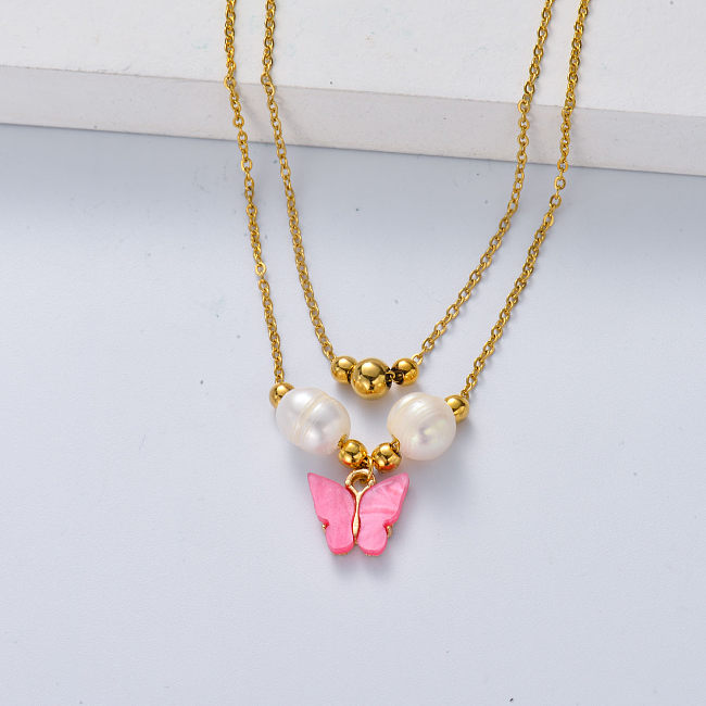 pink butterfly and pearl stainless steel necklace for wedding