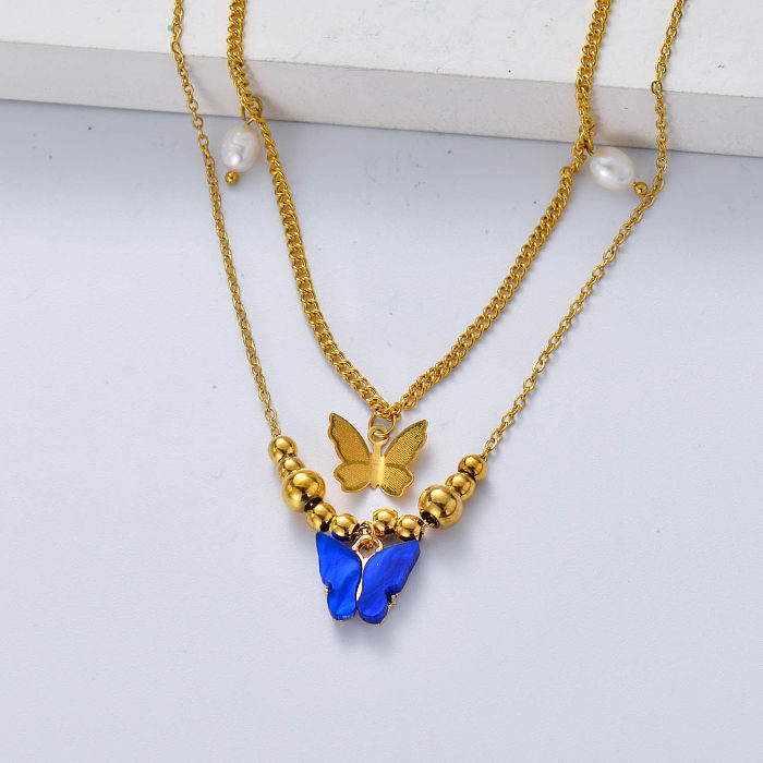 butterfly in gold and blue stainless steel necklace for wedding
