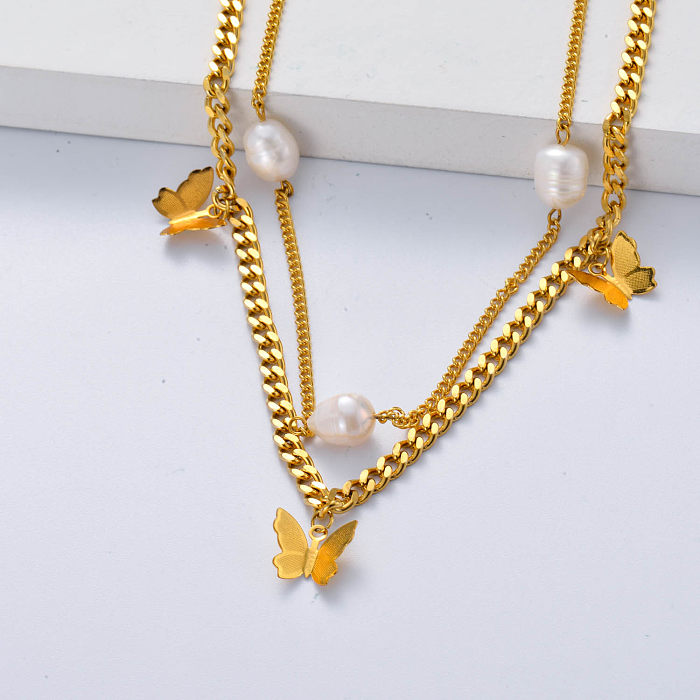 collier en acier inoxydable forme papillon en or et perle pour femme