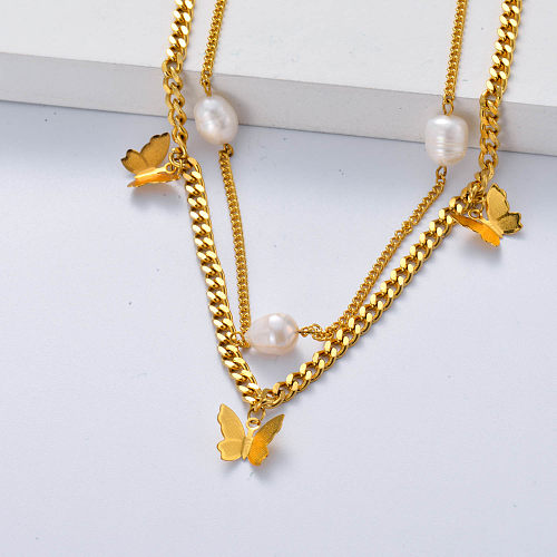 butterfly shape in gold and pearl stainless steel necklace for women