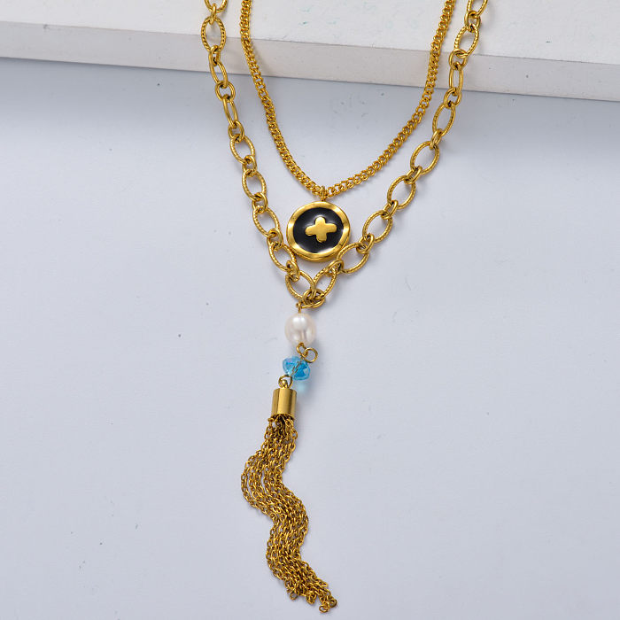 Wholesale 18k gold plated lock pendant with long tassel layered necklace for women