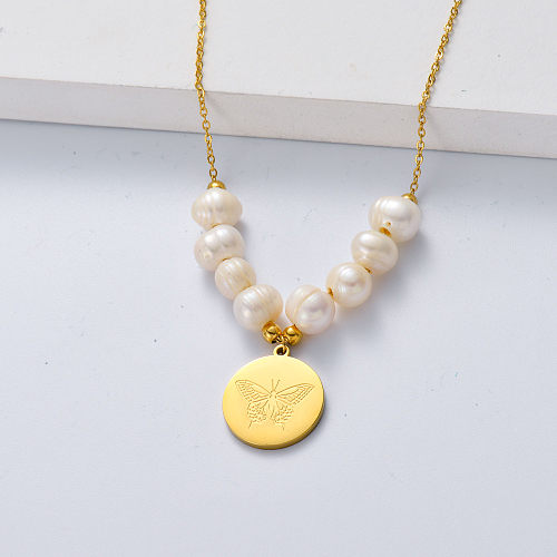coin pendant and pearl stainless steel necklace for wedding
