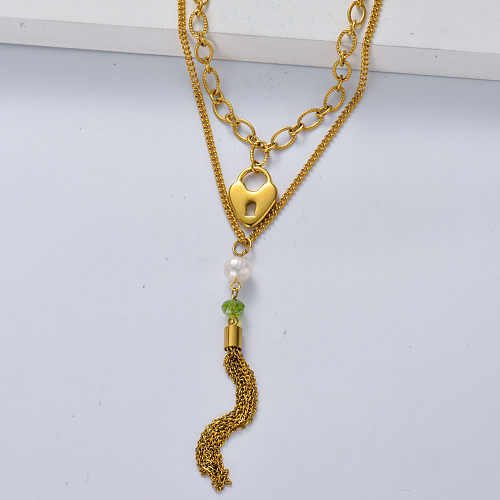 Wholesale 18k gold plated lock pendant with long tassel layered necklace for women