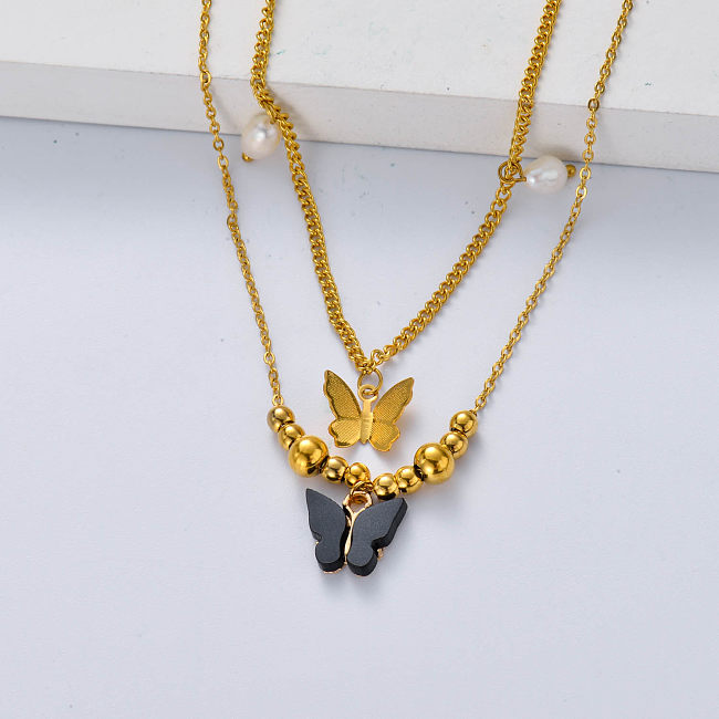 black and gold butterfly stainless steel necklace for wedding