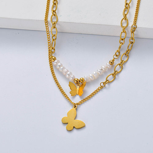 gold butterfly shape stainless steel necklace for women