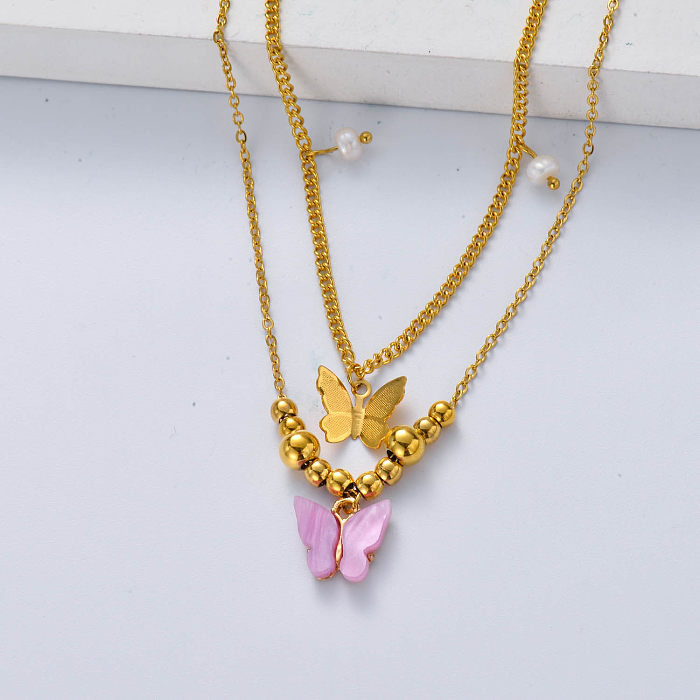 gold pink butterfly stainless steel necklace for wedding