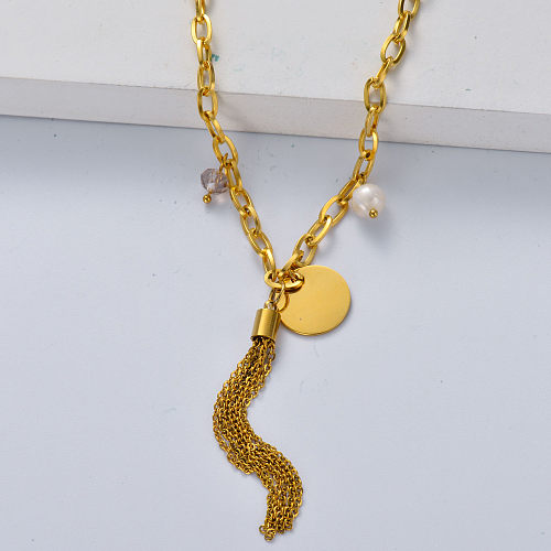 Perlen- und Münz-Edelstahl-Halskette vergoldet für die Hochzeit