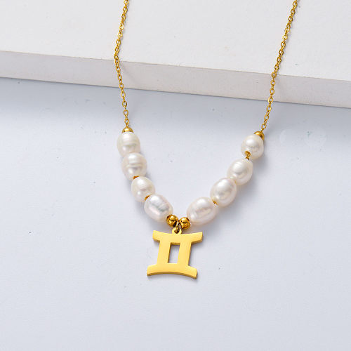 collier en acier inoxydable avec perle et pendentif en métal pour femme