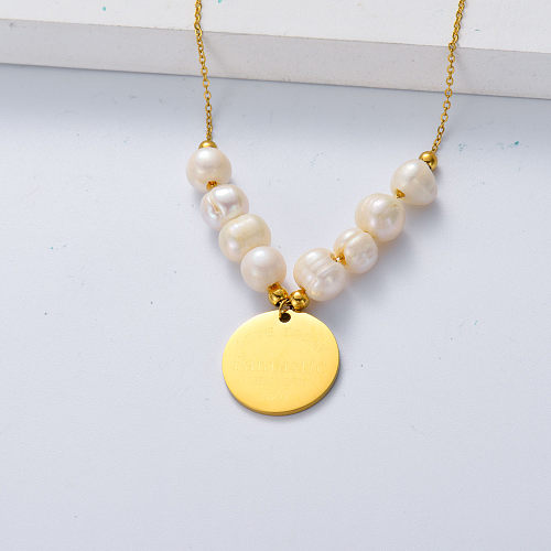 collier en acier inoxydable pendentif perle blanche et métal pour mariage