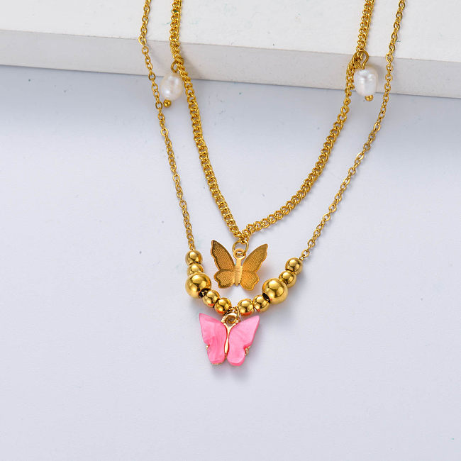 gold and pink butterfly stainless steel necklace for wedding