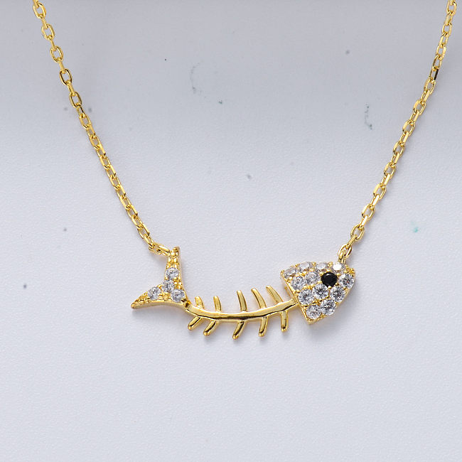 Fashion S925 Sterling Silver Gold Plated Fish Bones Zircon Necklace For Party