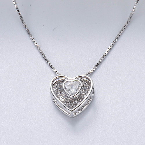 Colar feminino elegante mini zircônia cúbica branca coração oco 925 prata esterlina
