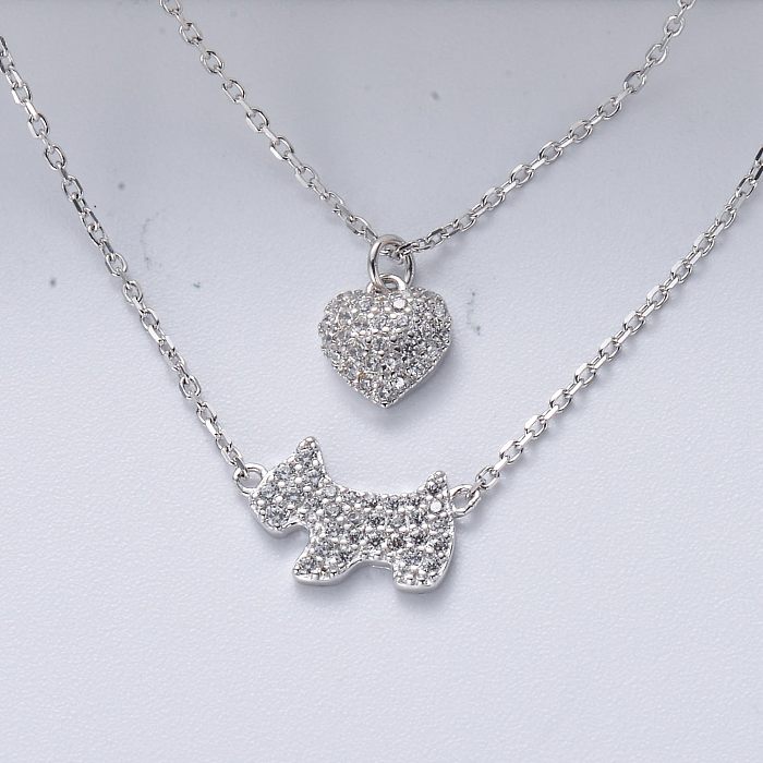 Lovely 925 Sterling Silver Puppy Dog With Heart Layered Necklace Girls Jewelry