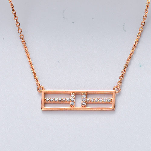 Famous Brand Rose Gold Plated Letter T Hollow Rectangle Pendant Sterling Silver Necklace