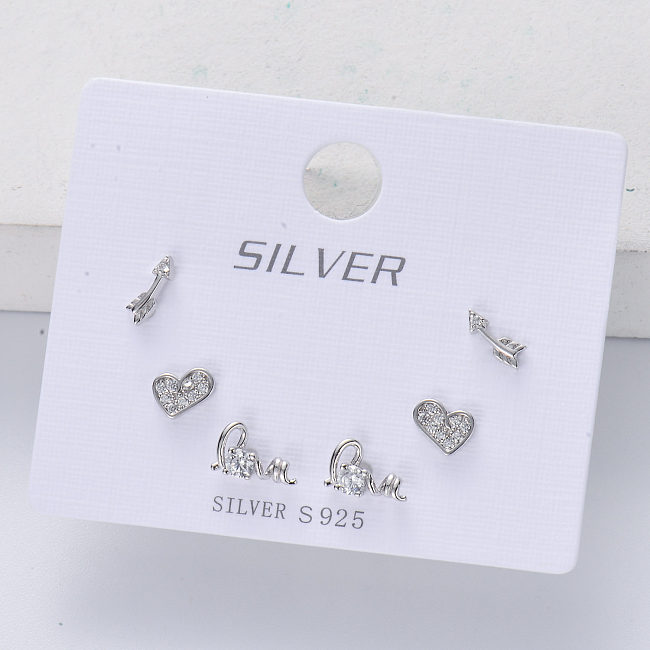 trendy 925 silver rhodium plated mixed heart stud earring