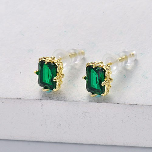 rectangular 925 silver gold plated with  green crystal stud earring