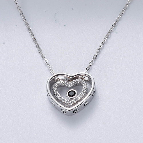 Cubic Zirconia Rhodium Plated Women Romantic Hollow Heart 925 Sterling Silver Necklace