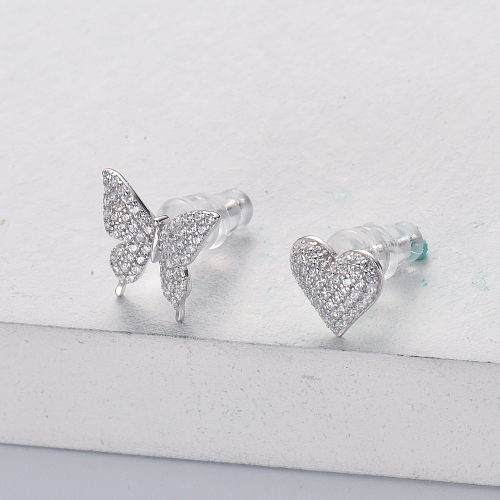 Pendiente asimétrico corazón mariposa de plata 925 con circonitas