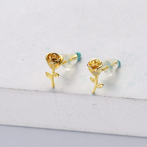 trendy 925 silver gold plated flower stud earring