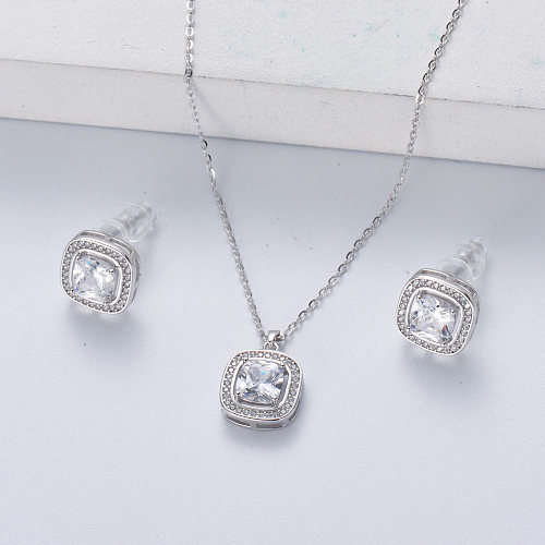 Trendy white zirconia sqaure pendant sterling silver bridal jewellery set