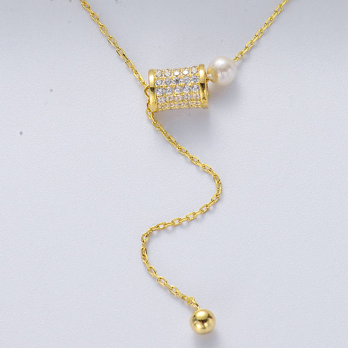 Fashion S925 Sterling Silver Full Zirconia Round Tube Pendant With Tassel Gold Plated Necklace