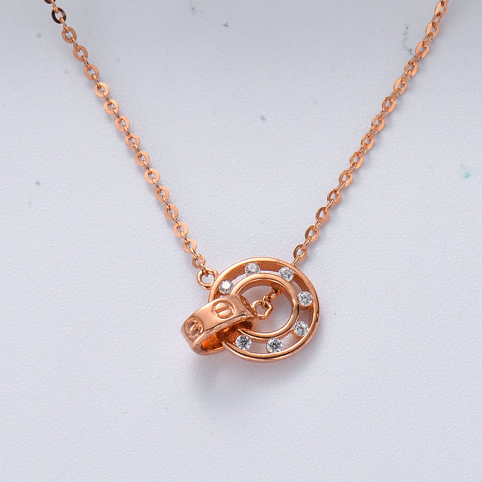 Fashion 925 Sterling Silver Rose Gold Plated Circle Pendant Zirconia Necklaces Jewelry