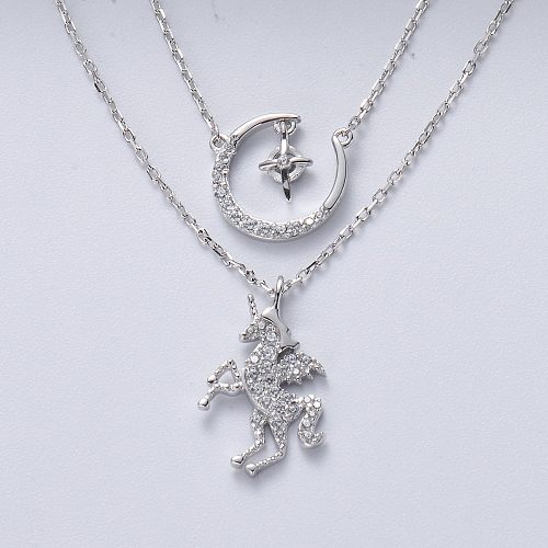 Fashion Silver Jewelry 925 Sterling Silver Cute Unicorn With Moon Star Pendant Layered Necklace