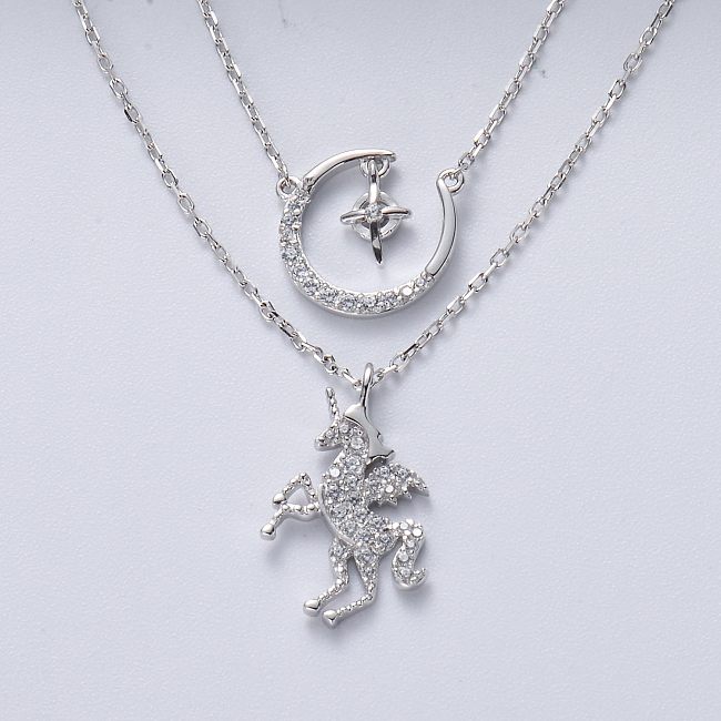 Jóias de prata fashion 925 prata esterlina lindo unicórnio com lua estrela pingente colar em camadas