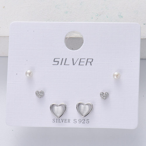 trendy 925 silver rhodium plated mixed heart pearl stud earring