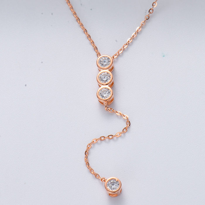 fashion rose gold plated round charm with zirconia tassel sterling silver necklace