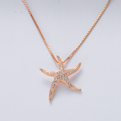Collier en or rose avec étoile de mer en pierre de zircon blanc en gros bijoux en argent sterling 925