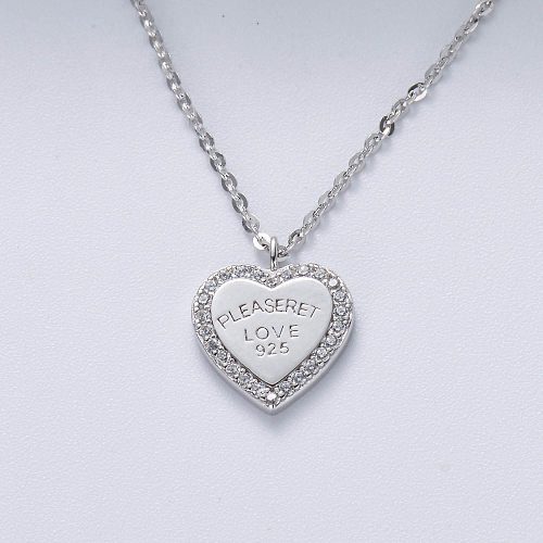 Colgante de corazón de plata de ley 925 a la moda con collar de circonita para mujer