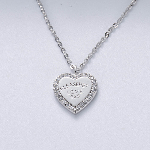 Pingente de coração de prata esterlina fashion 925 com colar de zircônia para mulheres