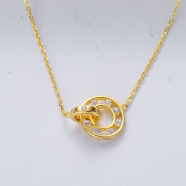 925 Sterling Silver Gold Plated Circle Pendant Zirconia Necklaces Jewelry Wholesale