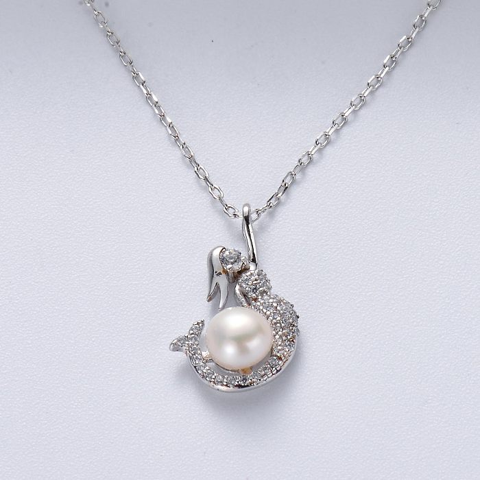 Exquisita joyería simple 925 sirena de plata esterlina con collar colgante de perlas