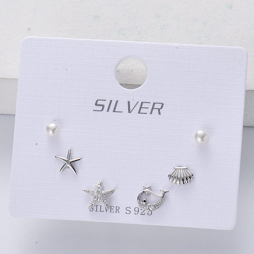 Boucles d'oreilles asymétriques à la mode en argent 925 plaqué rhodium avec perles mixtes pour femmes