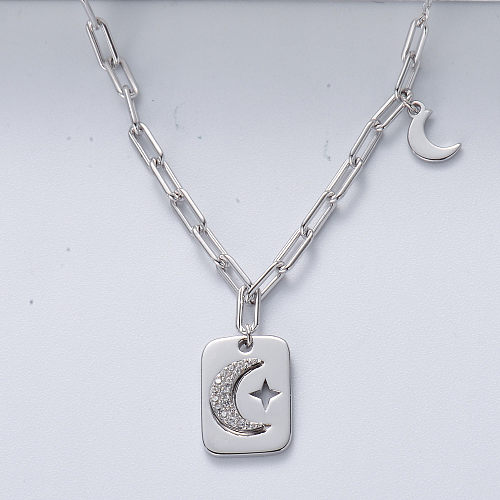 Trendy Moon Star Design Zirkonia Halskette 925 Sterling Silber Halskette