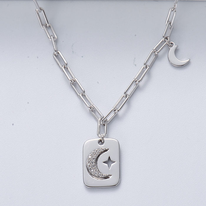 Trendy Moon Star Design Zirconia Necklace 925 Sterling Silver Necklace