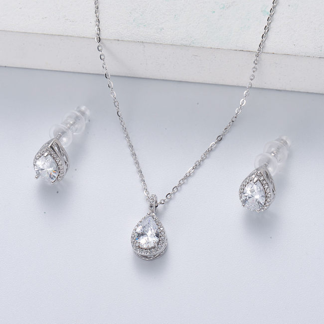 Elegant Women Charm Water Drop Gemstone Zirconia Sterling Silver Necklace Earrings Jewelry Sets