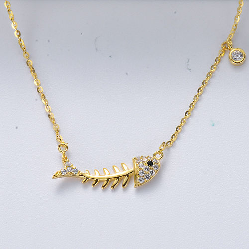 Hot Selling S925 Sterling Silver Gold Plated Fish Bones Zircon Necklace