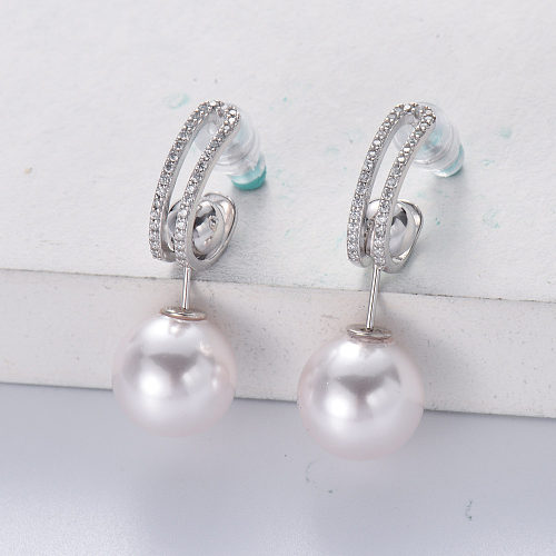 trendy 925 silver with tranparent zirconia pearl stud earring