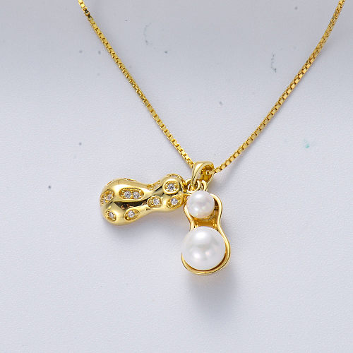 Pingente de amendoim banhado a ouro de prata esterlina 925 com design exclusivo com colar de pérola da sorte