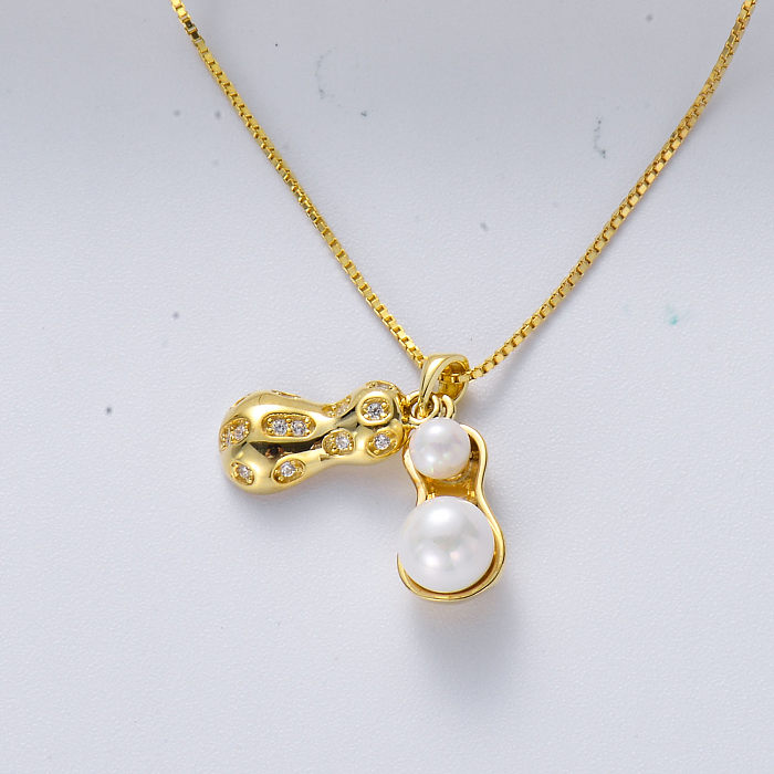 Colgante de cacahuete chapado en oro de plata de ley 925 de diseño único con collar de la suerte de perlas