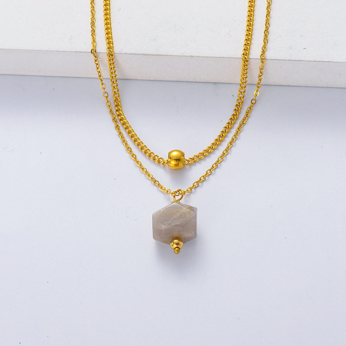 Heiße verkaufende Mondstein-Naturstein-Polygon-Korn-Anhänger-Gold überzogene überlagerte Halskette