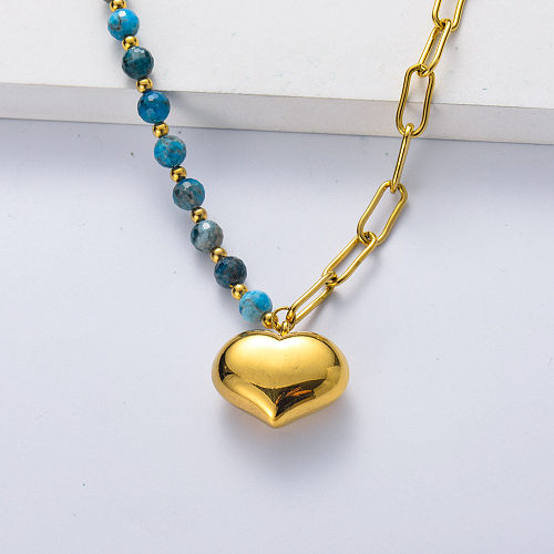 Chaîne épaisse plaquée or en acier inoxydable 316L asymétrique avec collier coeur en carbone bleu