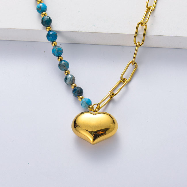 Corrente grossa assimétrica de aço inoxidável 316L banhada a ouro com colar de coração de carbono azul
