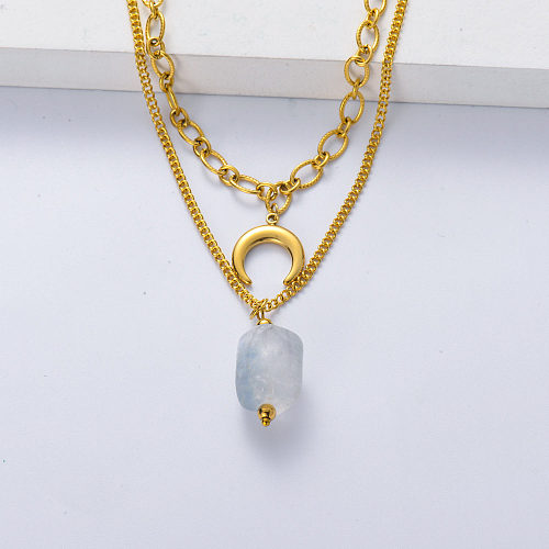 Hot Selling Aquamarine Stone Oval Bead Natural Stone Pendant Layered Necklace