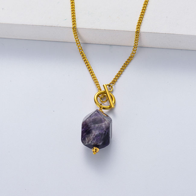 316L stainless steel gold plated thick chain with amethyst necklace