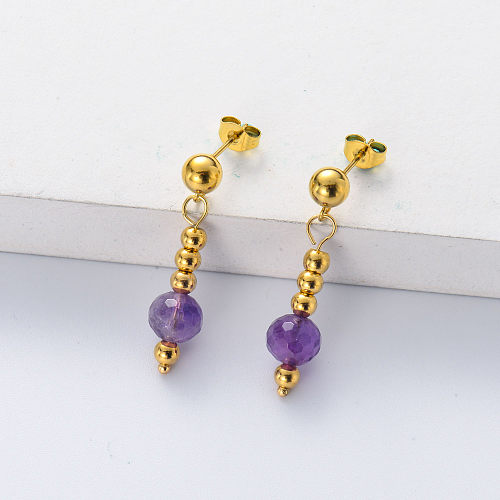 amethyst pendant drop earring gold plate stainless steel for women